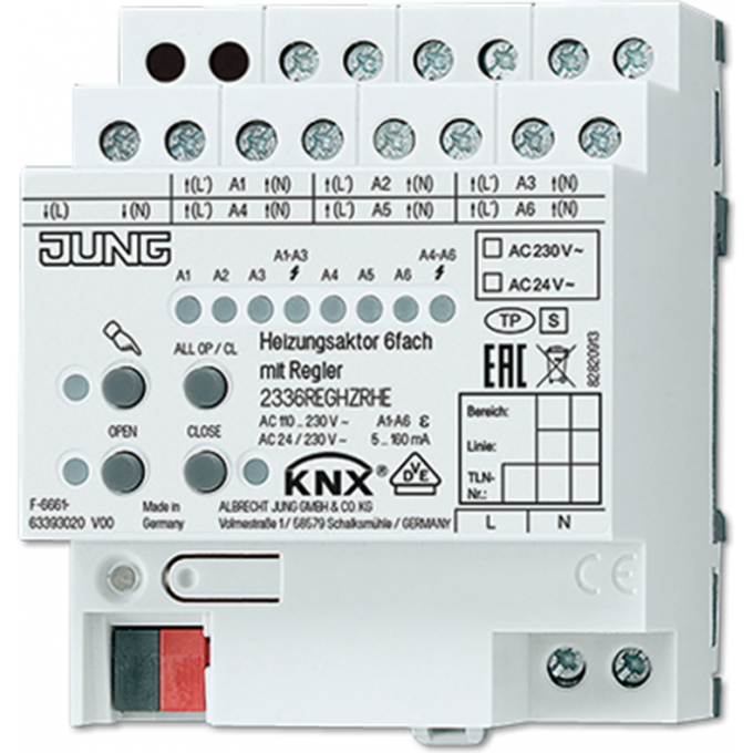 Актуатор отопления JUNG KNX со встроенными терморегуляторами 6 групп 8 модулей, монтаж на DIN-рейку 2336REGHZRHE